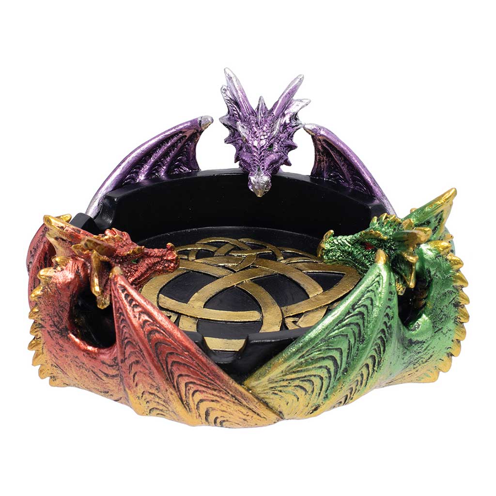 Tri-Color Triple Dragon Ashtray showing purple top dragon with green and red sides on a black bowl