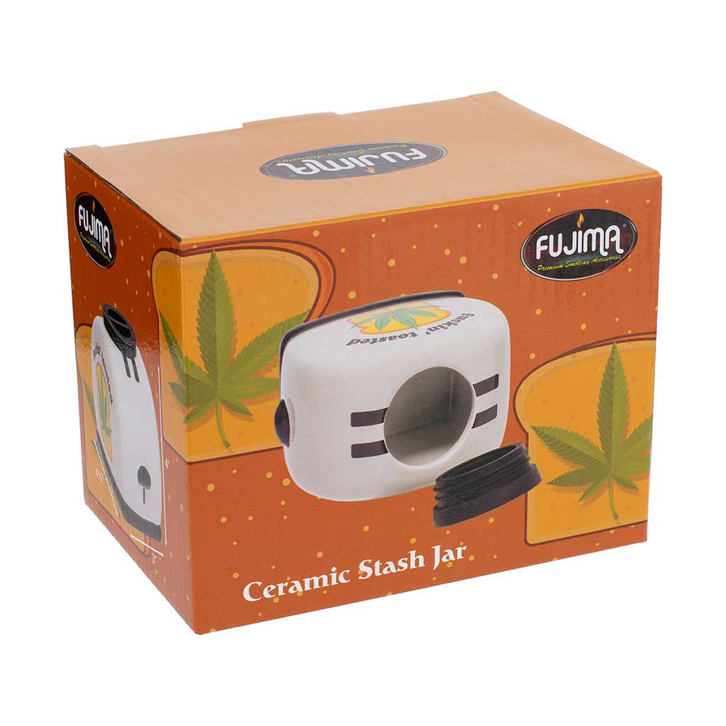 Retail box for the Fujima Large Toasted Ceramic Stash Jar, showing product image and branding