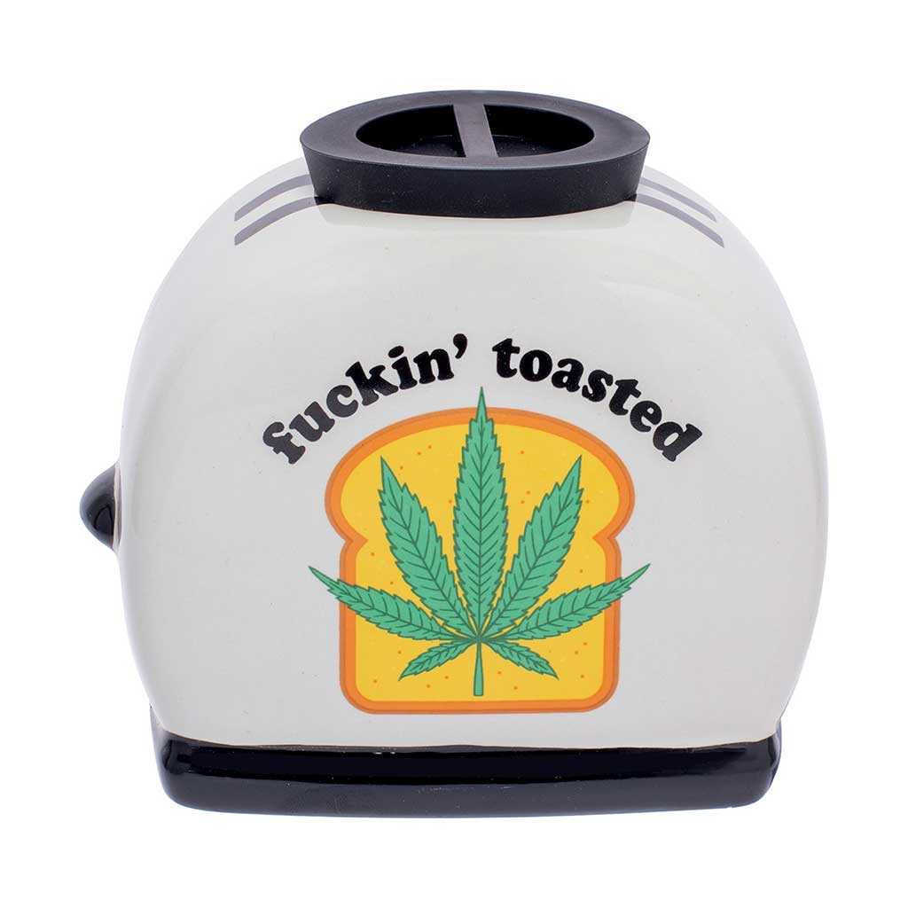 Front view of the Large Toasted Ceramic Stash Jar featuring the “fuckin’ toasted” toast-and-leaf graphic
