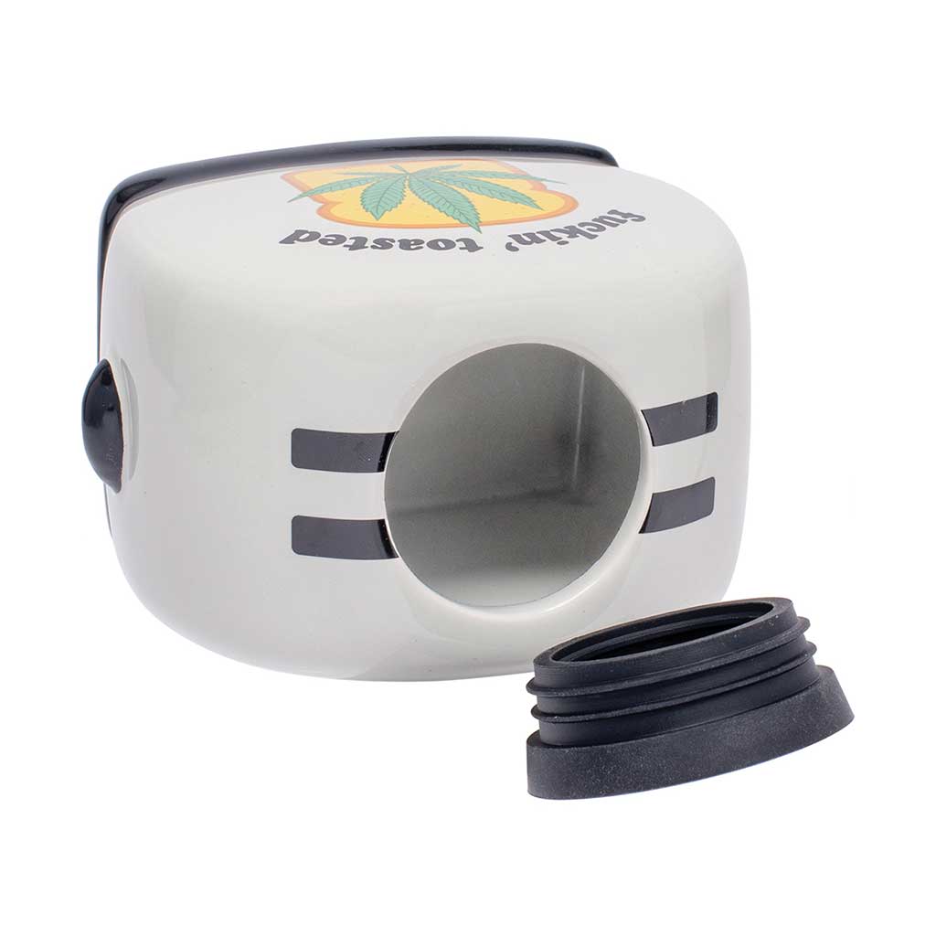  Large Toasted Ceramic Stash Jar shown open with the black screw lid removed, white body with stripe accents