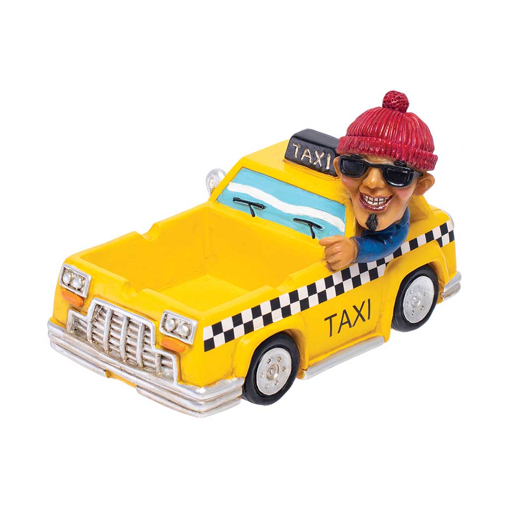Taxi Cabbie Ashtray in bright yellow, 5.5-inch resin cab with deep tray and notch rests