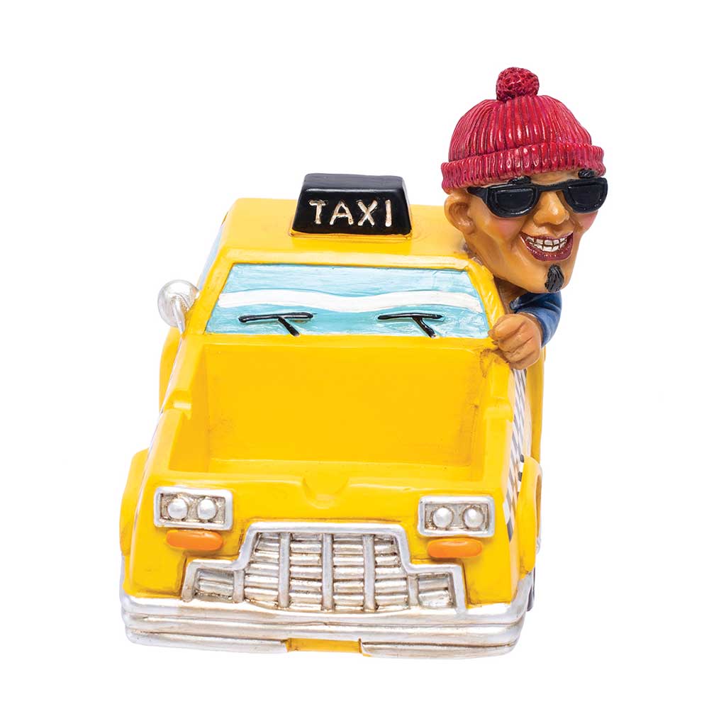 Front view of the Taxi Cabbie Ashtray, yellow taxi body with open tray and driver figure.