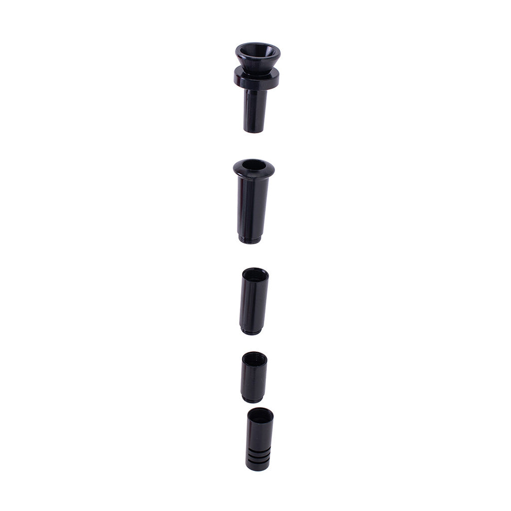 Black Aluminum Downstem And Bowl Shown Disassembled Into Five Parts