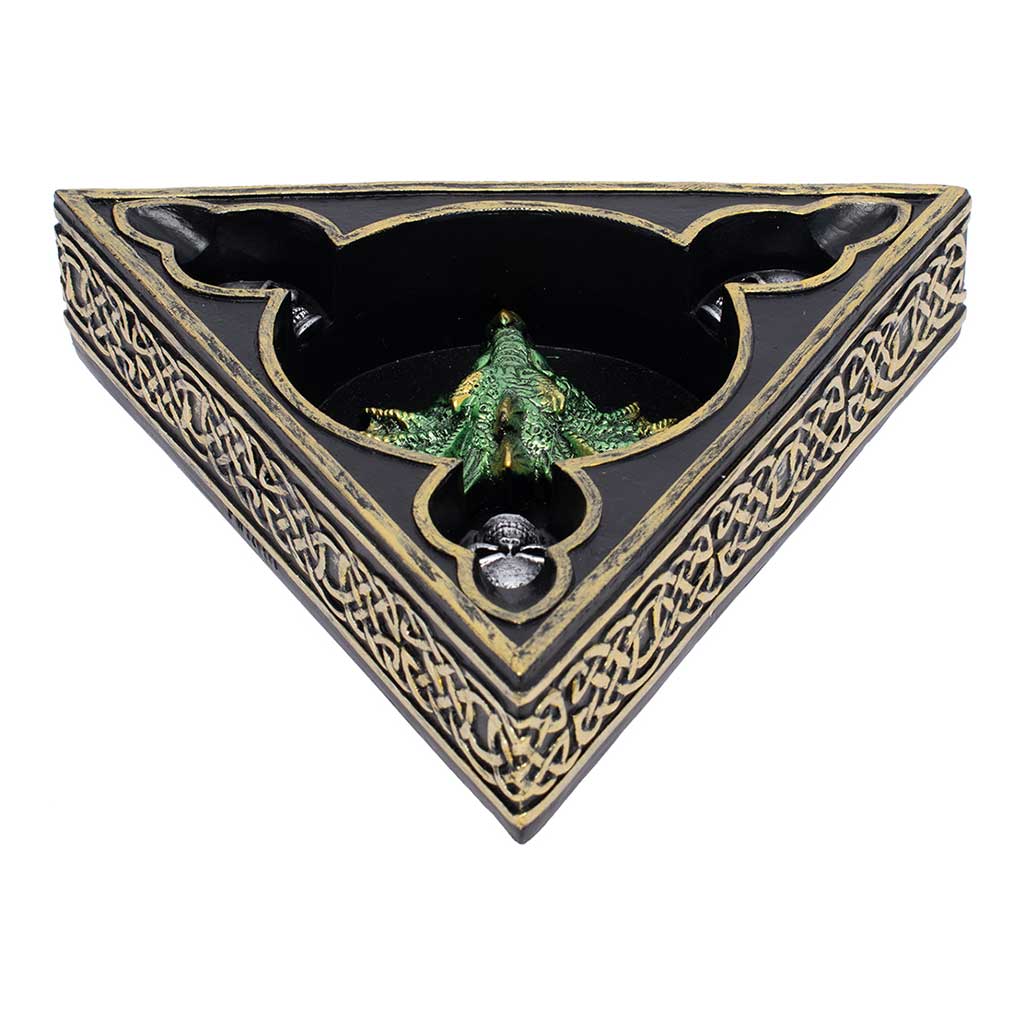 Angled view of the Green Tri-Head Dragon Ashtray showing a deep bowl and gold trim. 
