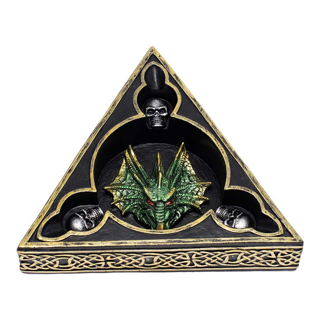 Green Tri-Head Dragon Ashtray on a black and gold triangle base with three skull rests.