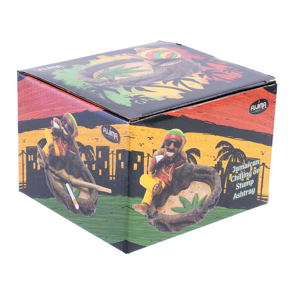 Retail box for the Jamaican Chilling on Stump Ashtray by Fujima with multicolor art