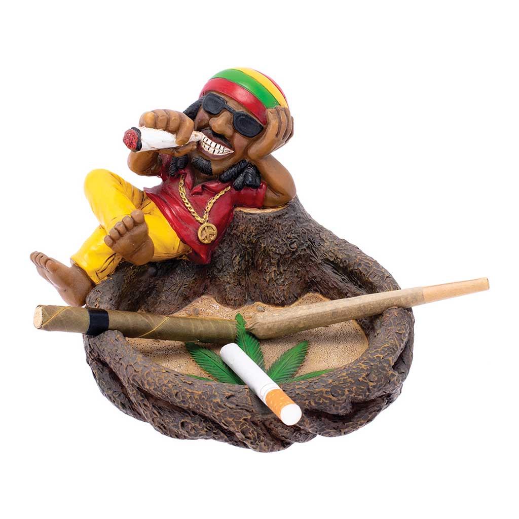 Jamaican Chilling on Stump Ashtray, multicolor, with a blunt and a cigarette resting in grooves