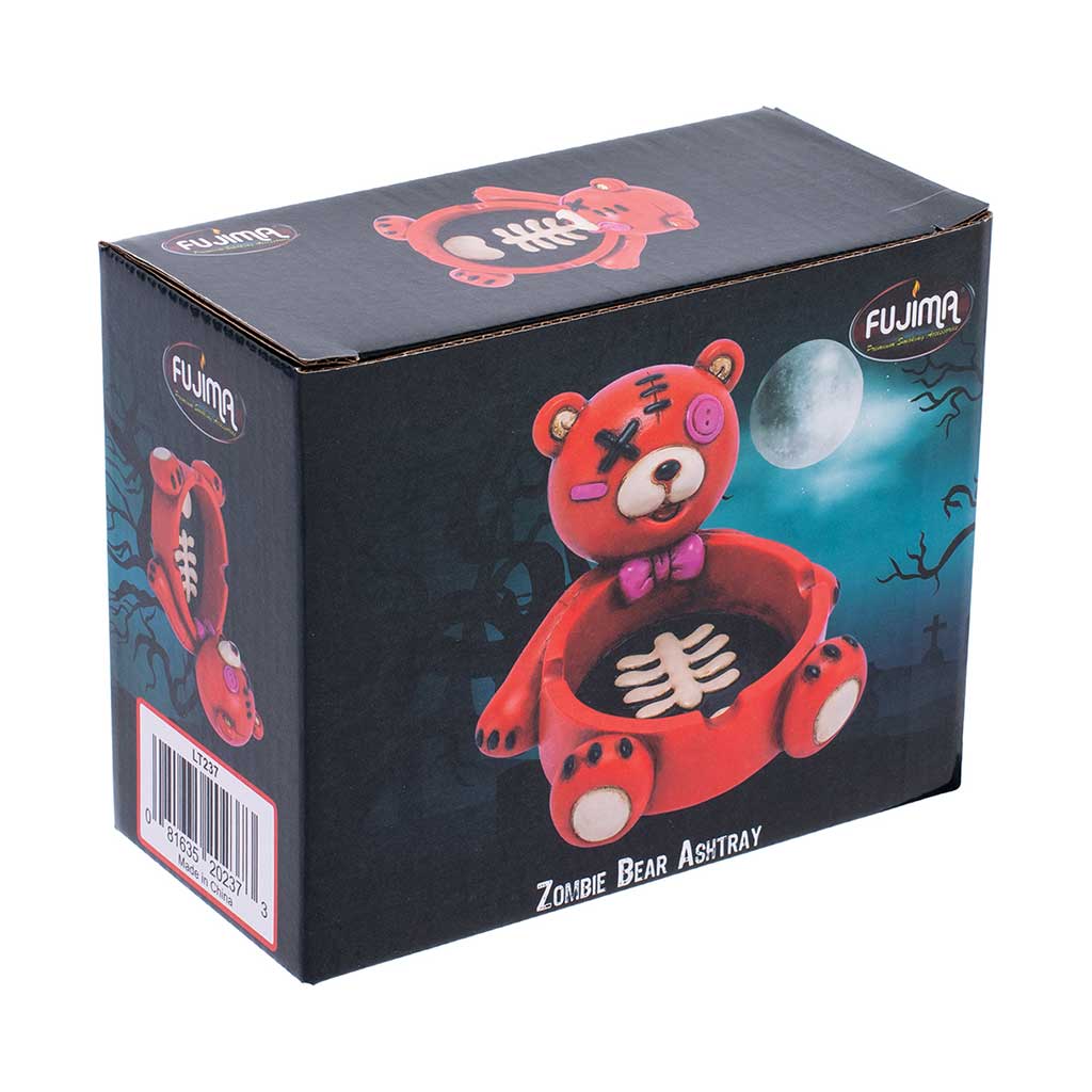 Retail box showing the red Fujima Zombie Bear ashtray with ribcage bowl under a moonlit scene