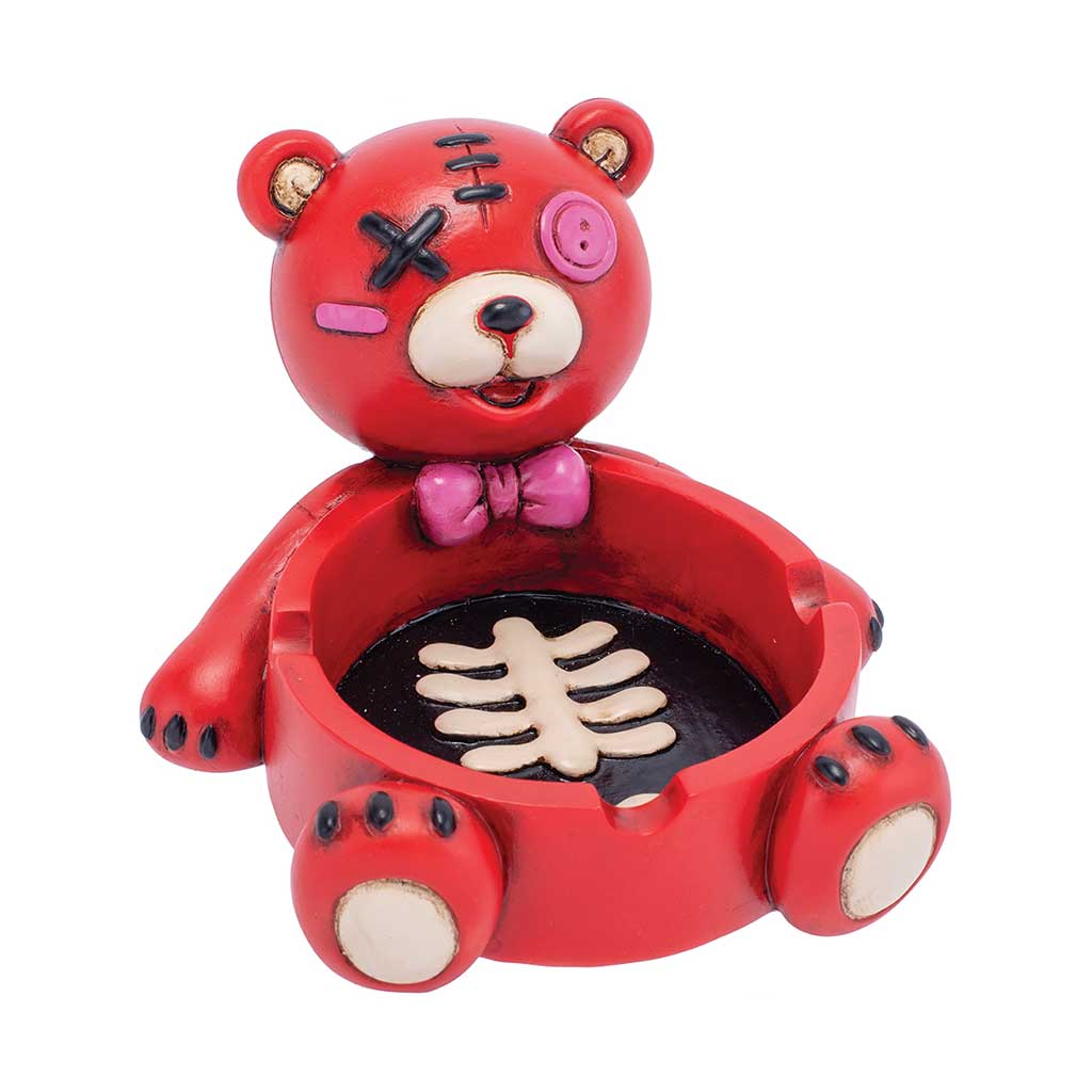 Red Fujima zombie bear ashtray with ribcage design in the basin and three notch rests, front view.