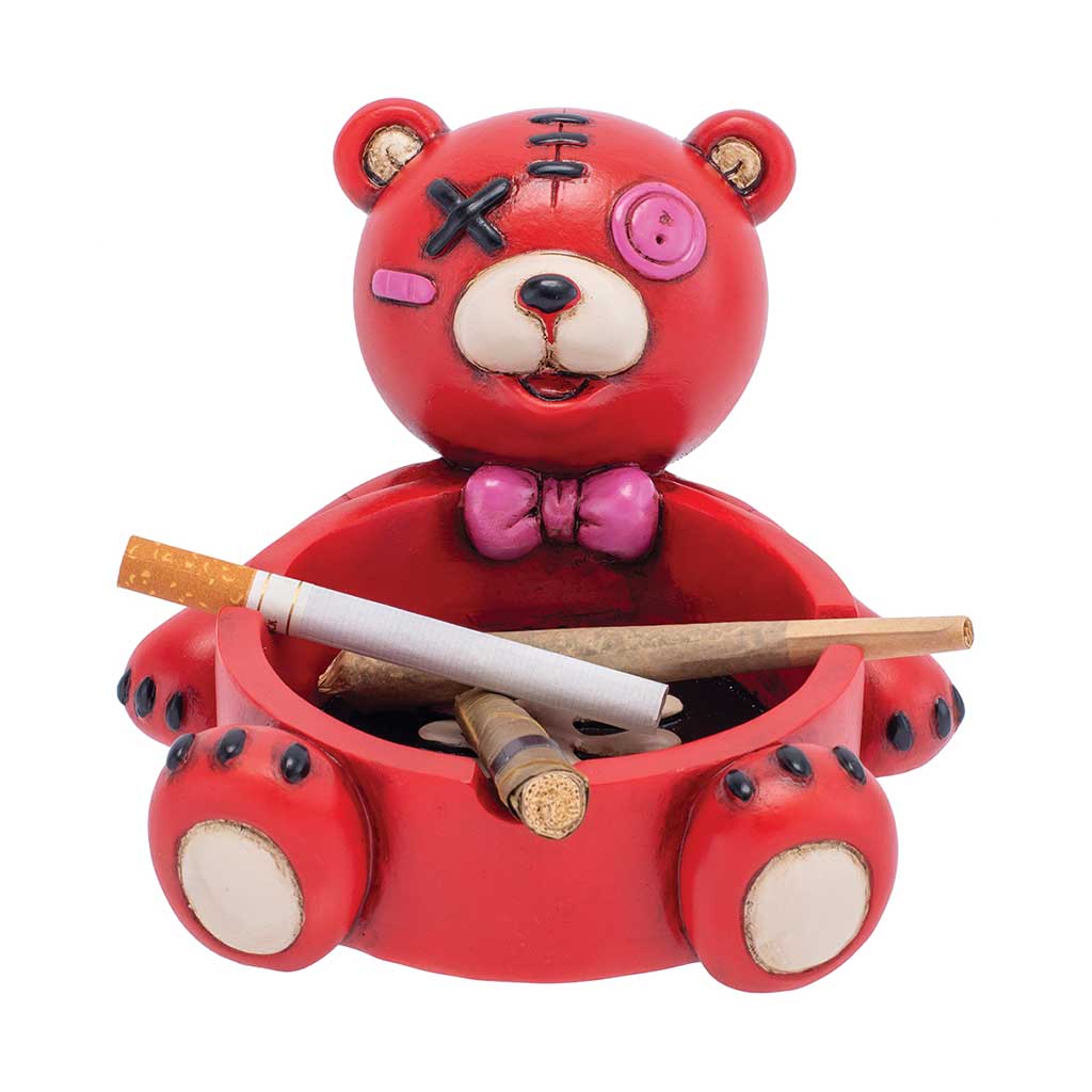 Red zombie bear ashtray holding mixed smokes in the bowl, purple bow tie and paw details visible