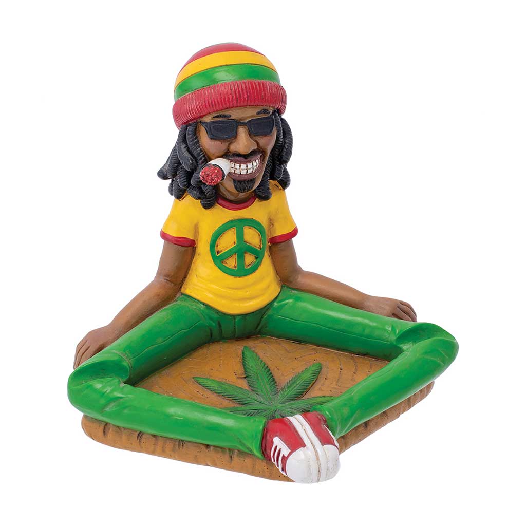 Front view of the Jamaican Stretching Ashtray in multicolor resin, legs forming the tray.