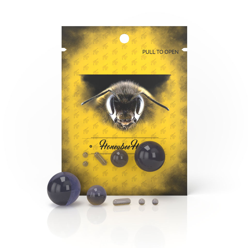 5 Pack of Ghost Lollipop Glass Dab Marble Set of 2 Different Sizes Dab Marble, 2 Terp Pearl, And 1 Terp Pills Packaging View