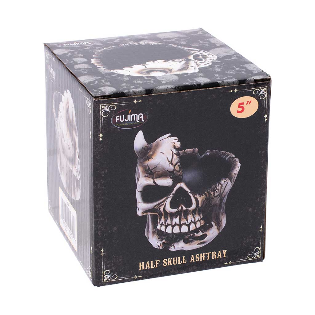 Retail box for the 5-inch Half Skull Ashtray by Fujima with product photo and skull art