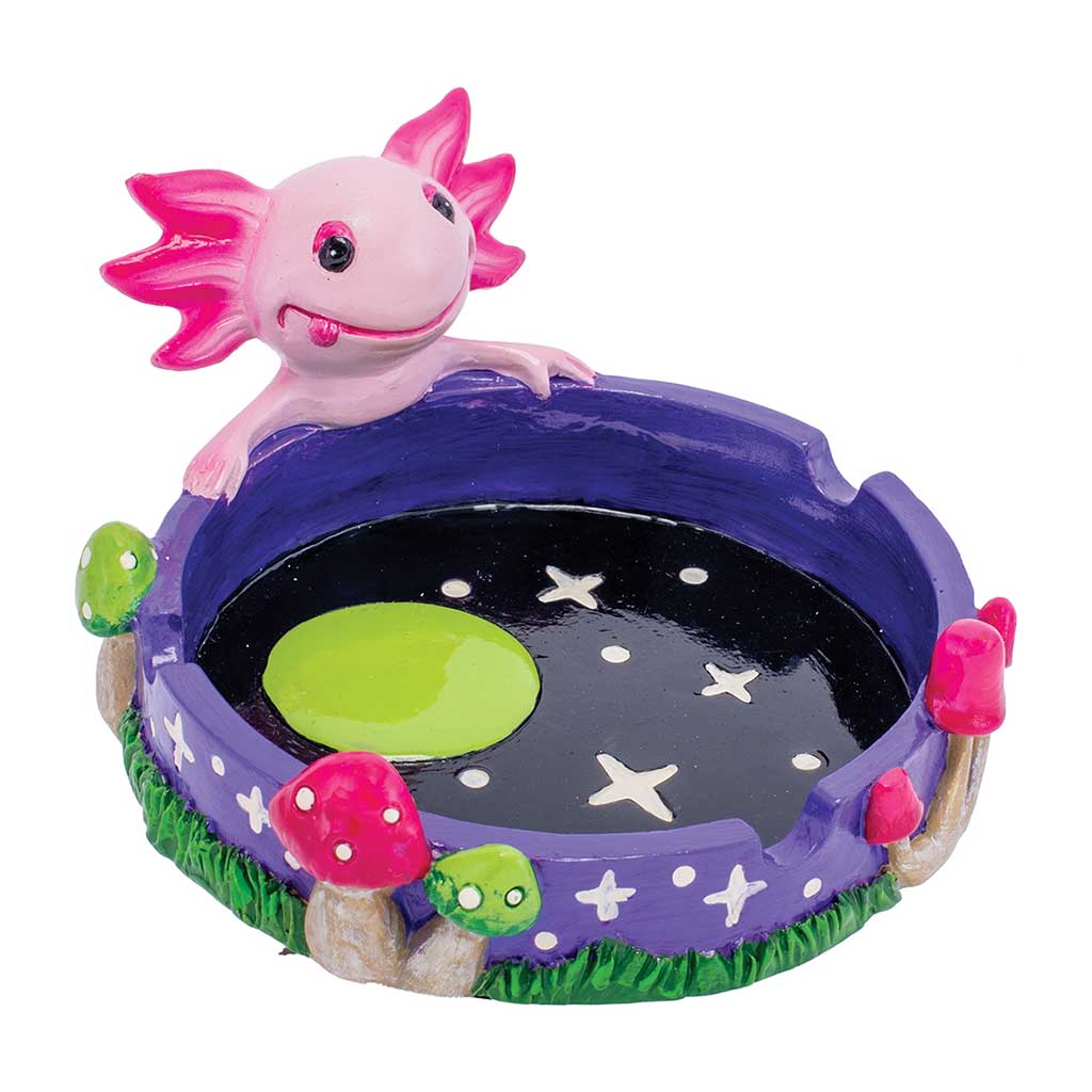 Front view of the Pink Axolotl Star & Mushroom Ashtray with green center and built-in notch rests