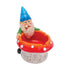 Gnome and mushroom resin ashtray in red and white with a deep, round bowl and notch rests.