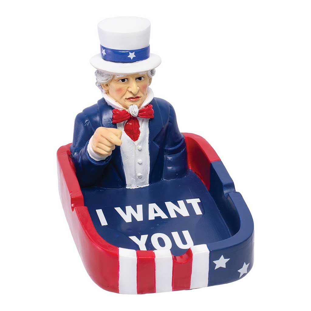 Front angle of the Uncle Sam Ashtray, 5-inch resin, with “I WANT YOU” text and notch rests