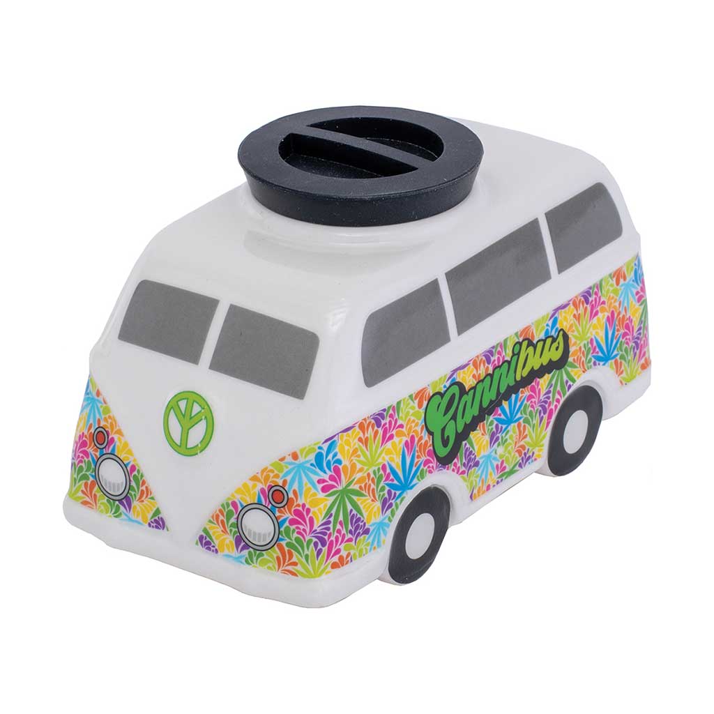 Large Hippie Bus Ceramic Storage Jar in white with colorful retro wrap and black twist lid