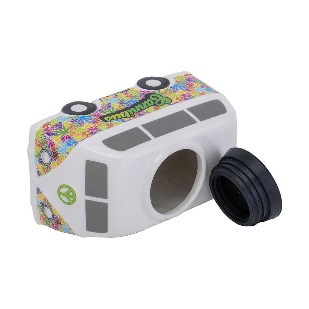 Bottom view of the Hippie Bus ceramic storage jar showing the opening and removable airtight lid, ready to fill.