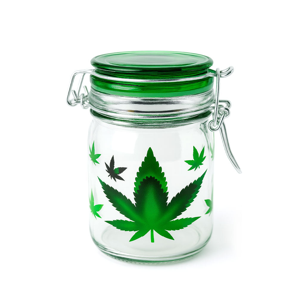 5 Oz. Airtight Glass Green Pot Leaf Medium Storage Container at Honeybee Herb

