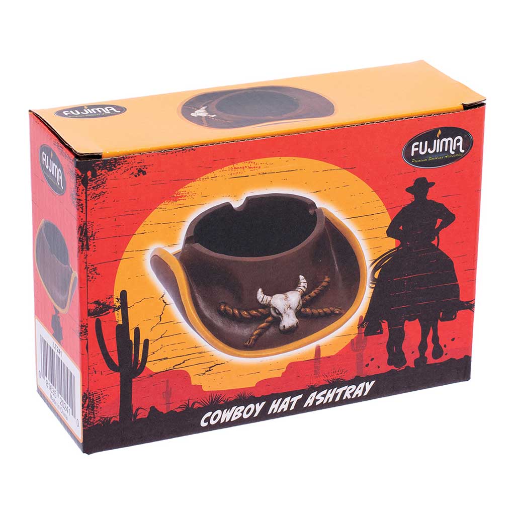 Retail box for the Fujima Cowboy Hat Ashtray with western artwork available at Honeybee Herb