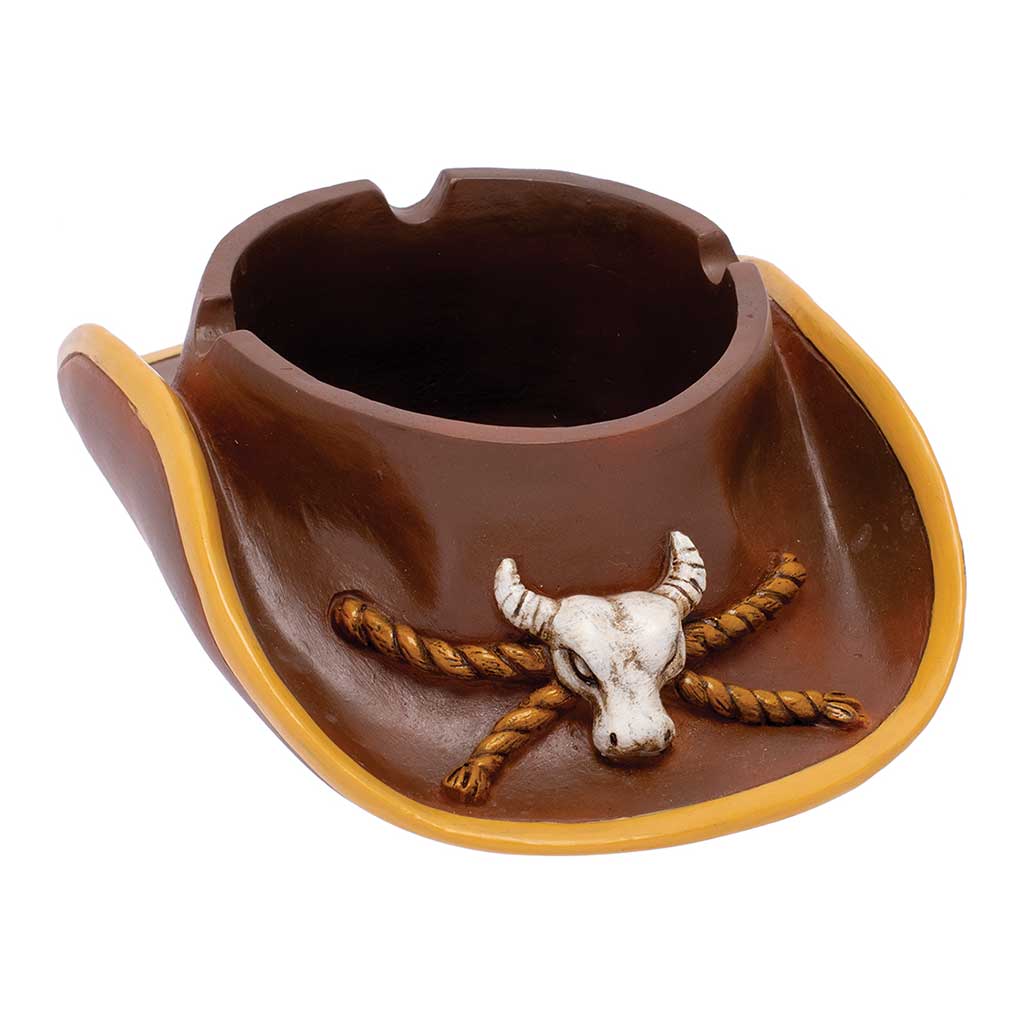 Brown resin cowboy hat ashtray with raised steer skull and rope accents, angled view.