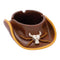 Brown resin cowboy hat ashtray with raised steer skull and rope accents, angled view.