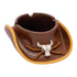 Brown resin cowboy hat ashtray with raised steer skull and rope accents, angled view.
