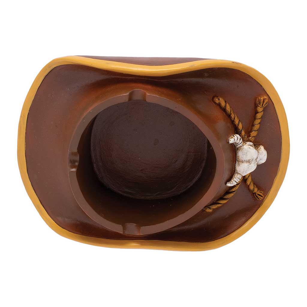 Top view of the brown cowboy hat ashtray showing a deep bowl and three notch rests