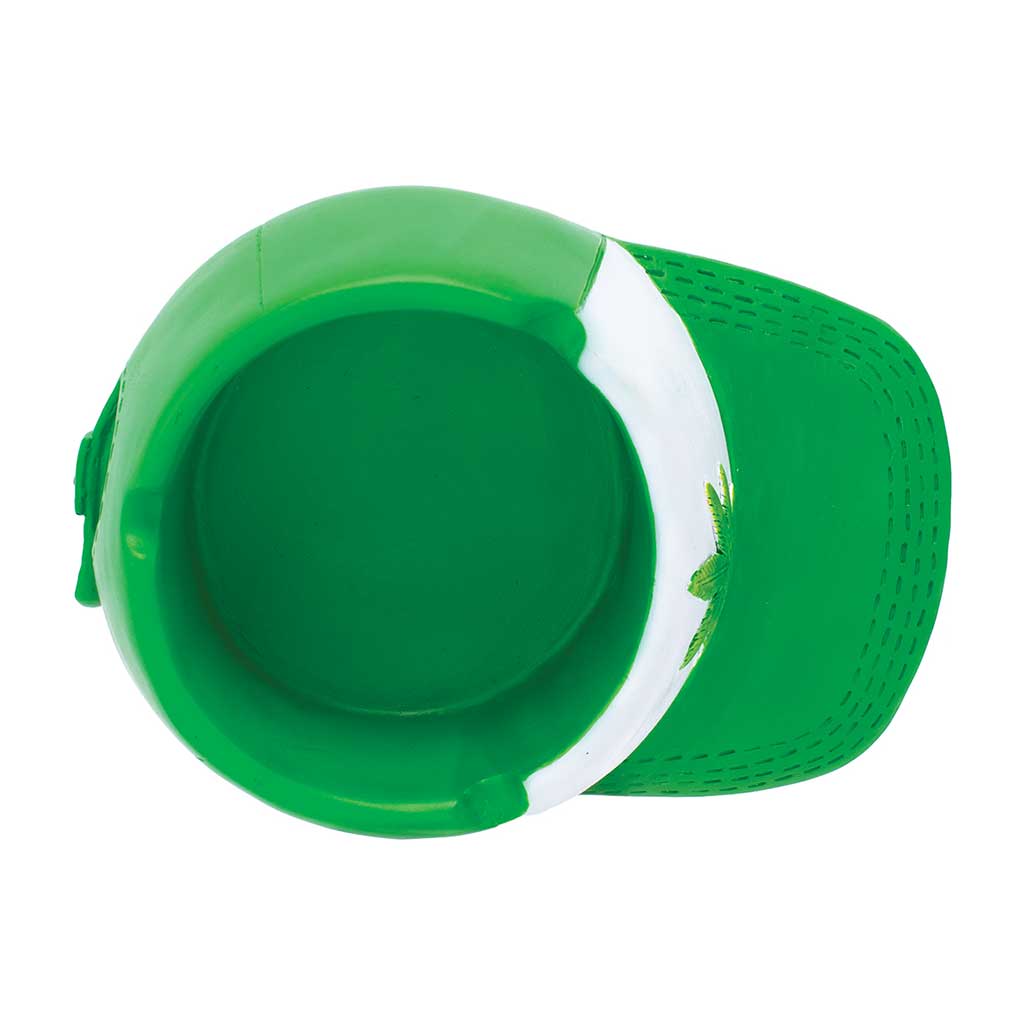Top view of the green snapback hat ashtray showing the round bowl and front visor.
