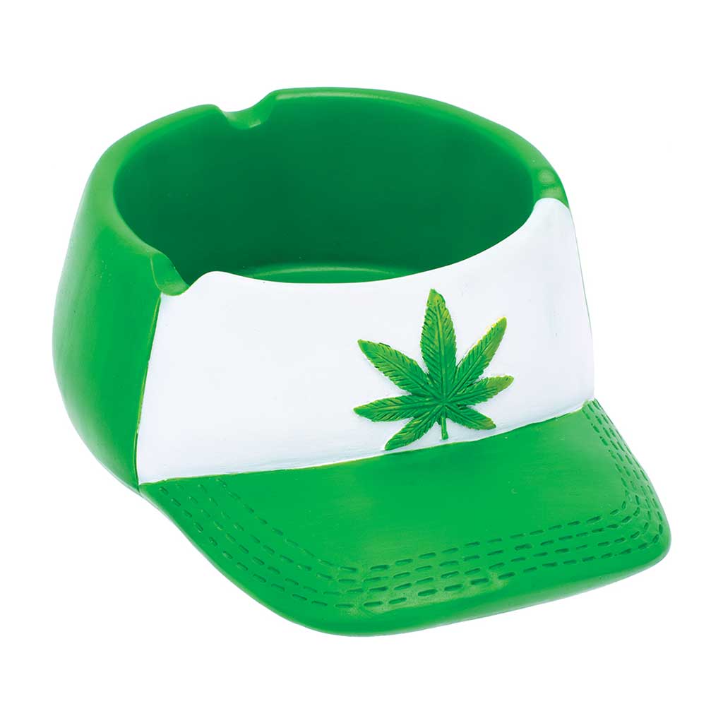 Green and white snapback hat ashtray with raised cannabis leaf logo and notch rests. 