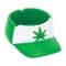 Green and white snapback hat ashtray with raised cannabis leaf logo and notch rests. 