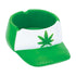 Green and white snapback hat ashtray with raised cannabis leaf logo and notch rests. 
