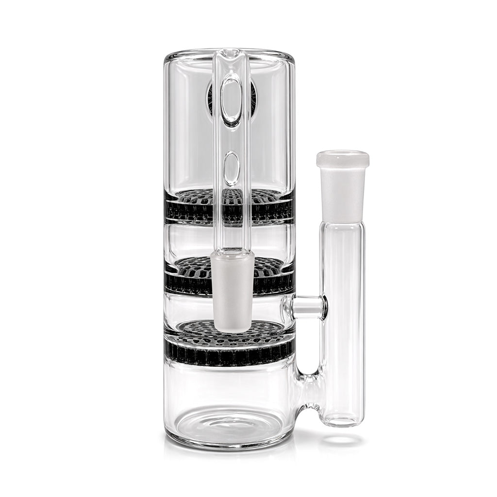 Front view of 6 inch triple honeycomb perc ash catcher in smoke gray glass designed to trap ash and add extra diffusion for smoother pulls 