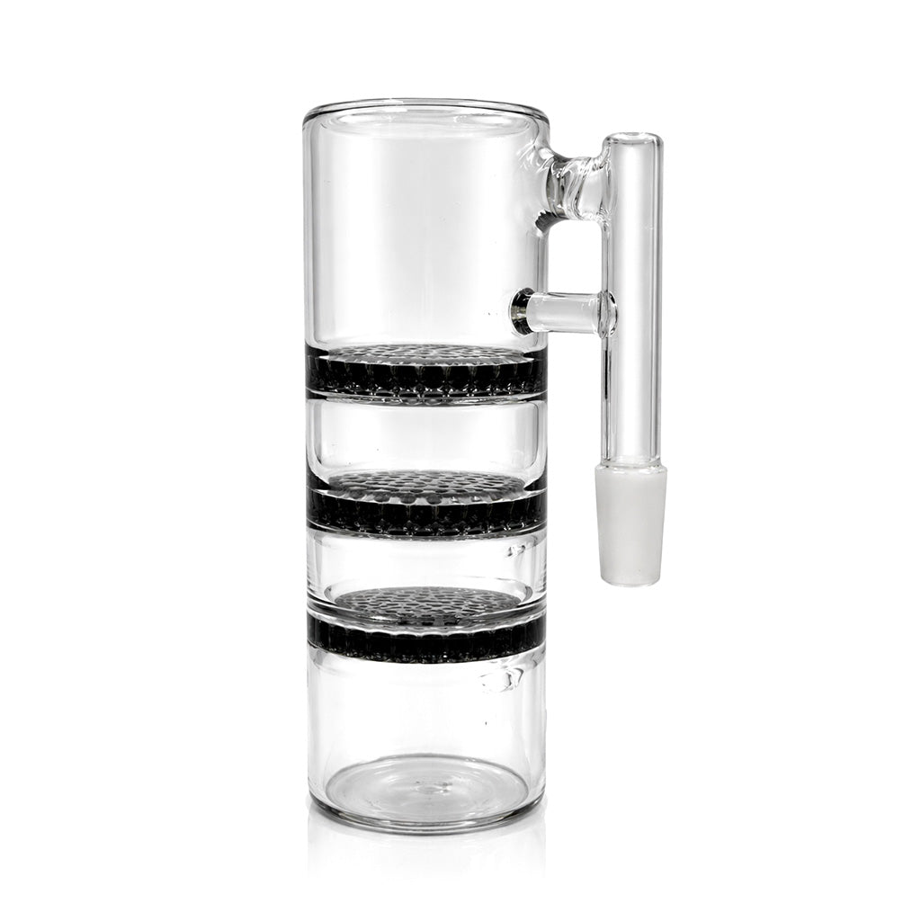 Side view of triple honeycomb perc ash catcher showing three stacked honeycomb discs that help keep bongs cleaner and improve filtration