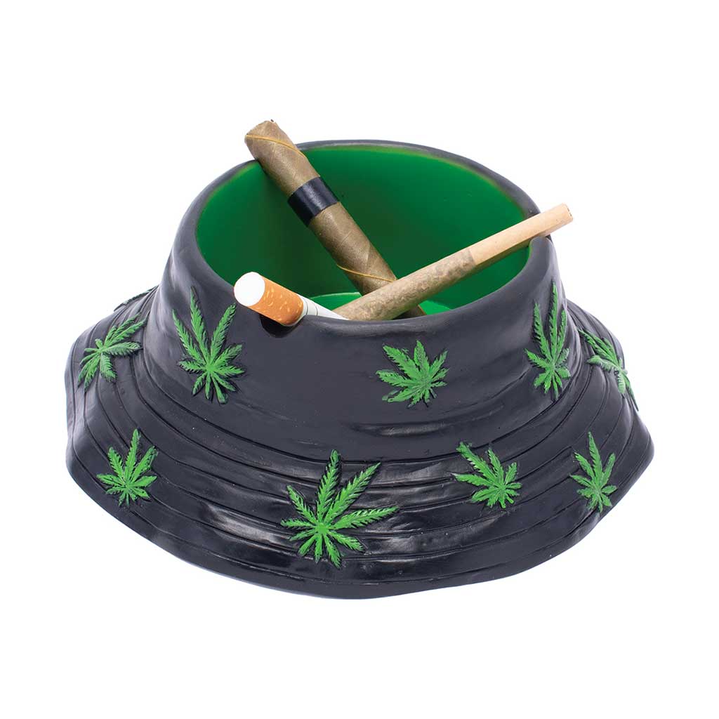 Bucket hat ashtray in use, holding mixed smokes; black exterior, green bowl, leaf accents