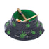 Bucket hat ashtray in use, holding mixed smokes; black exterior, green bowl, leaf accents