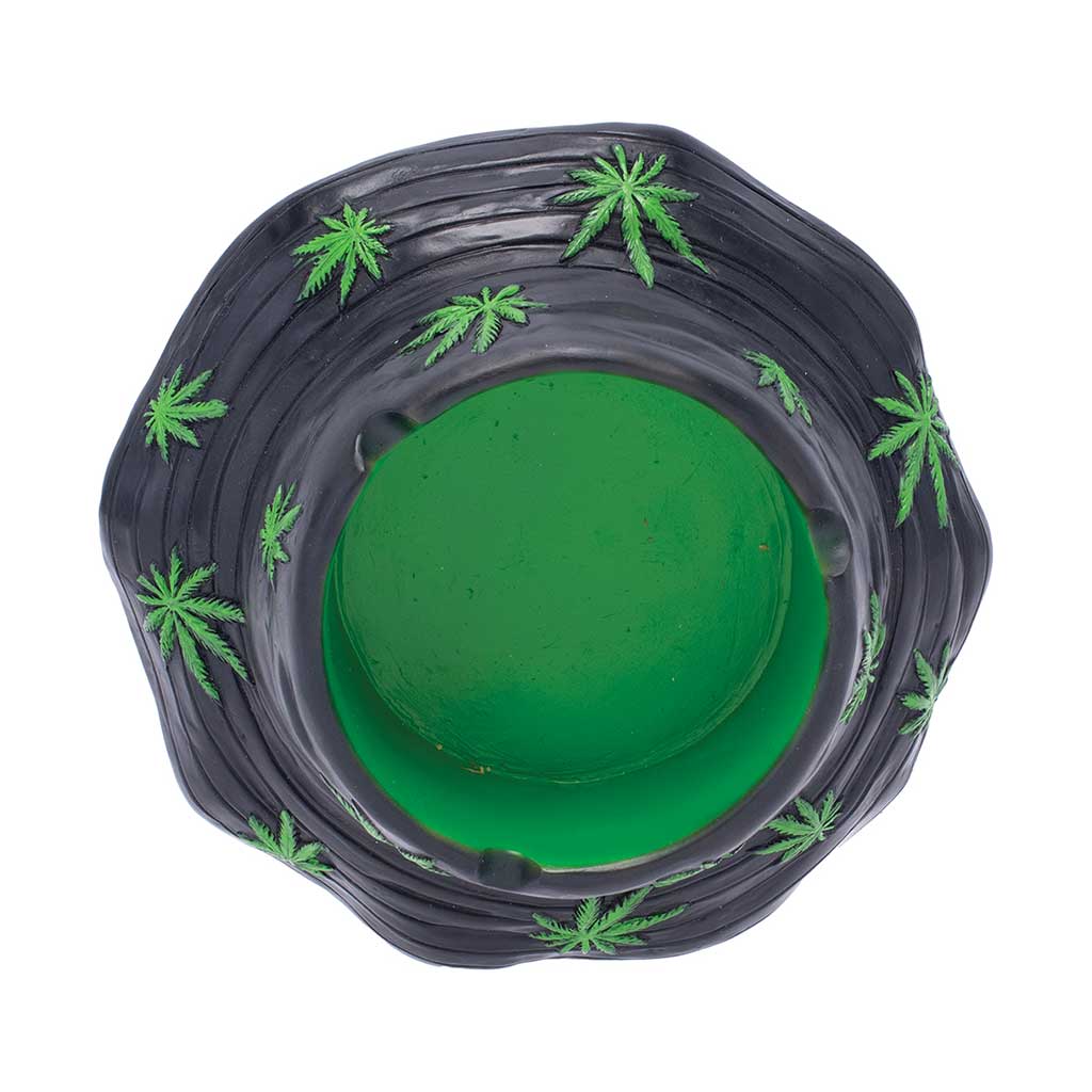 Top view of the black bucket hat ashtray with a green interior and raised leaf details.