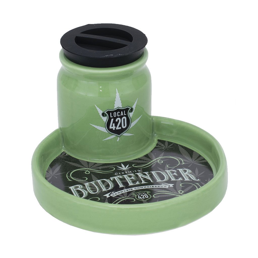 green budtender 6 inch ceramic stash tray with local 420 logo, premium storage tray for herbs at honeybee herb