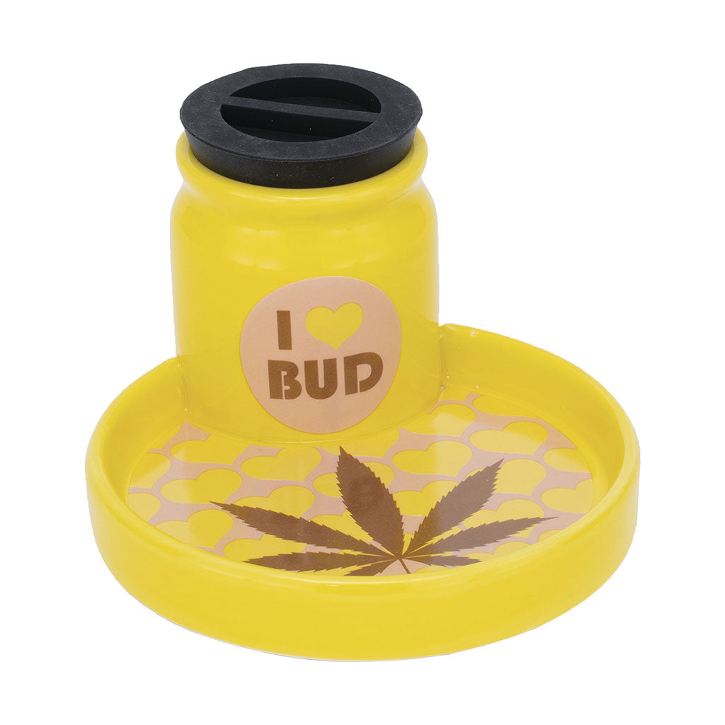 yellow i love bud 6 inch ceramic stash tray with heart design and cannabis leaf print, ceramic herb storage dish