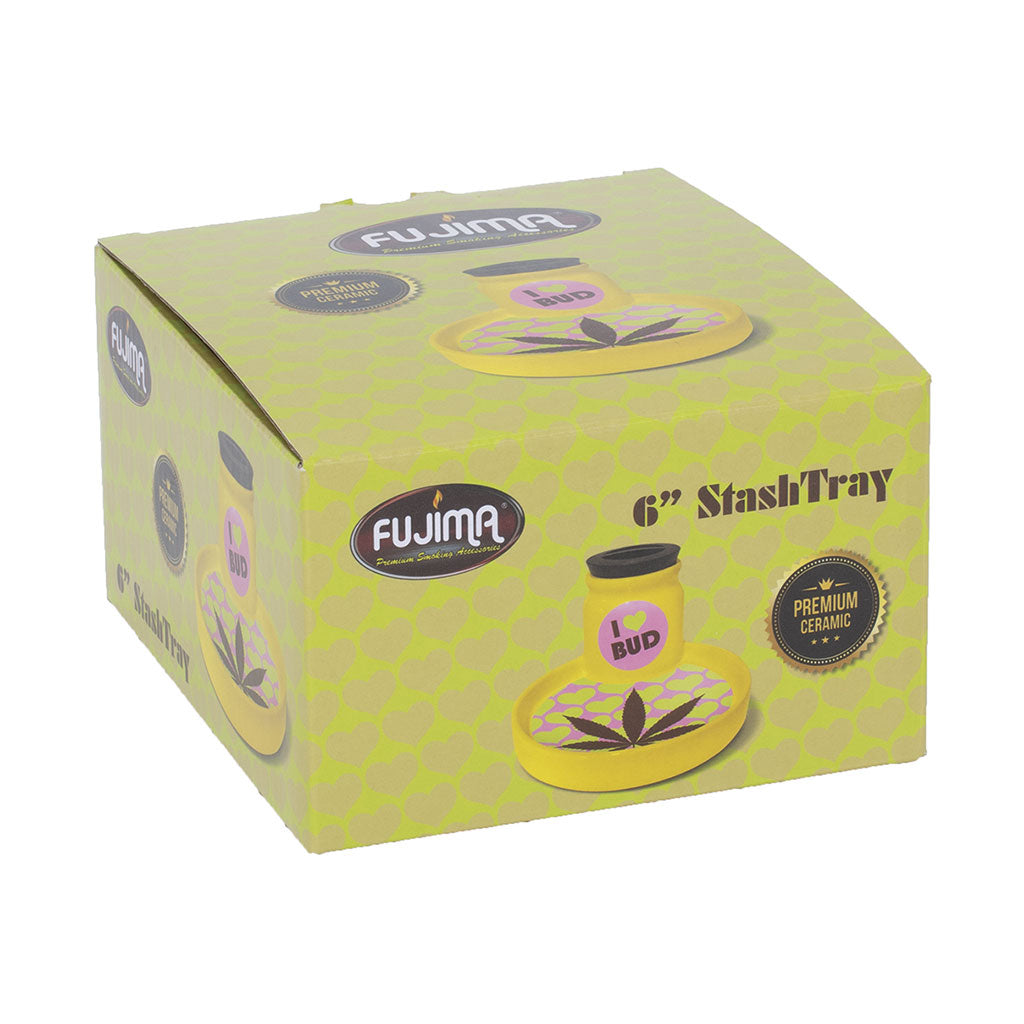 yellow i love bud ceramic stash tray box packaging, premium fujima 6 inch storage jar, buy online at honeybee herb