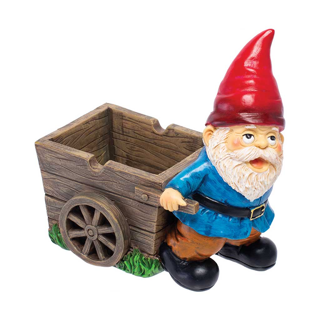 Gnome Farmer Ashtray showing a red-hat gnome pulling a wood cart tray with notch rests.