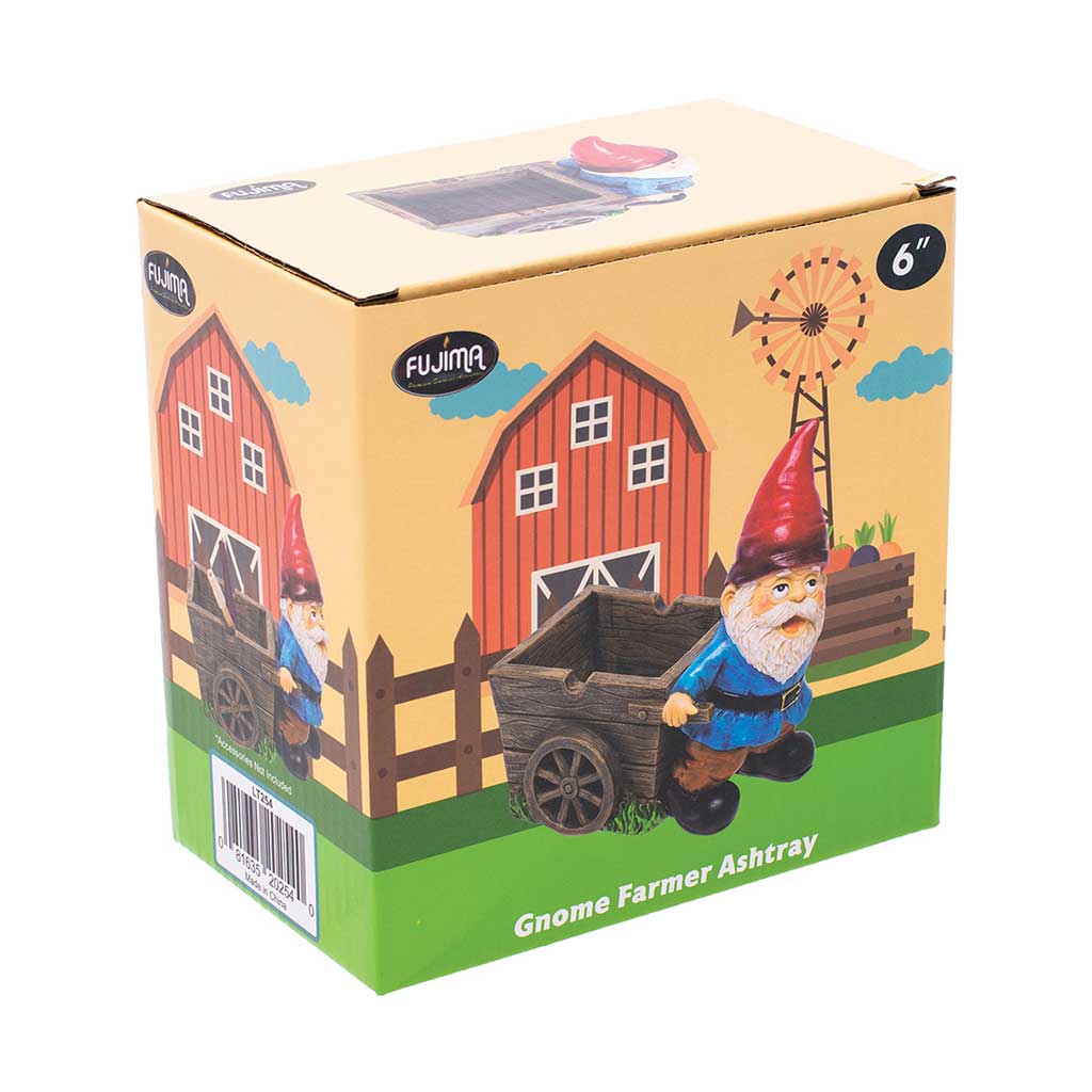 Fujima retail box for the Gnome Farmer Ashtray, 6-inch, with farm scene artwork.