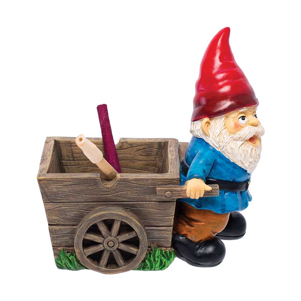 Gnome Farmer Ashtray in multicolor resin, cart tray holding cones and a cigarette.