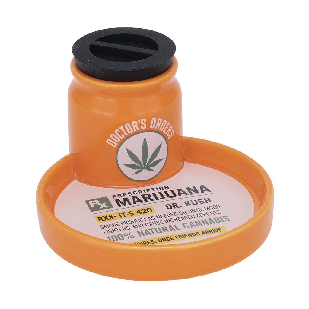 orange rx prescription stash tray with black lid, ceramic 6in storage jar for herbs, buy online at honeybee herb