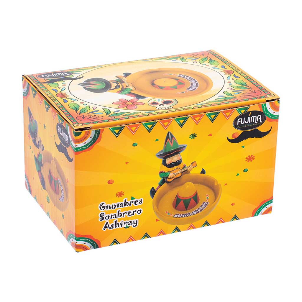 Retail box for the Gnombres Sombrero Ashtray showing the yellow hat design and Fujima branding.