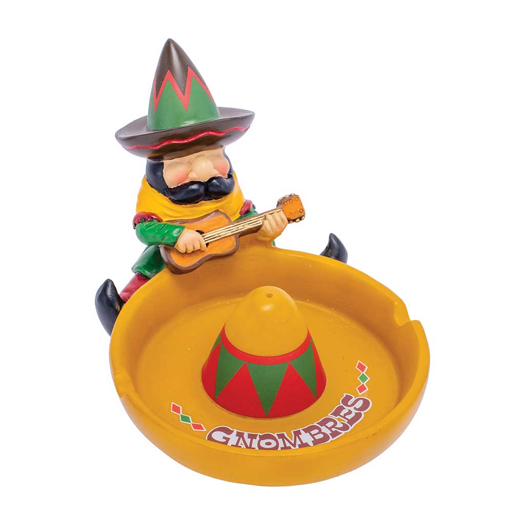 Yellow sombrero ashtray with a gnome playing guitar at the rim, round bowl, and notch rests visible.
