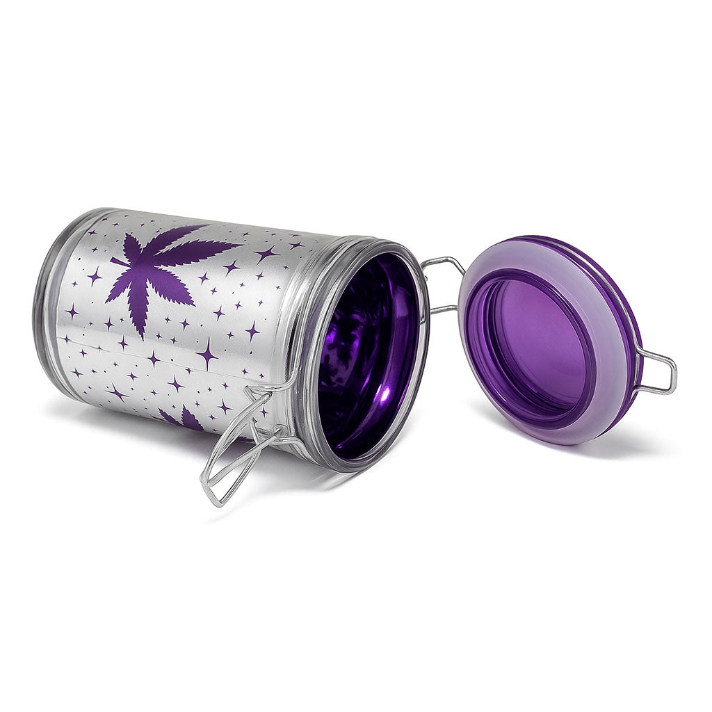 Airtight Purple Leaf Galaxy 6-Inch XL Stash Jar – Lying Open Lid View Storage Container From Honeybee Herb