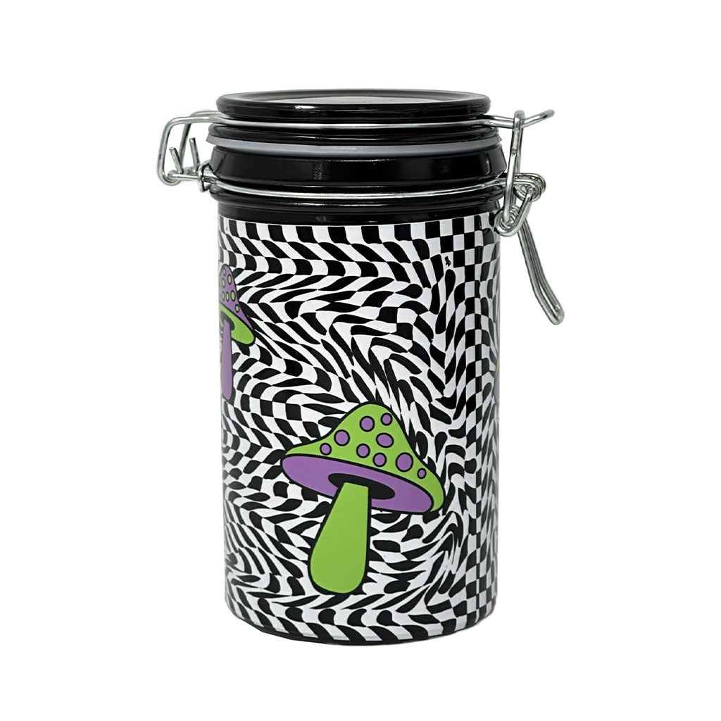  Side View Of 6-Inch Trippy Mushroom Checkboard Storage Jar By Ted Miller Innovations With Lid Open 