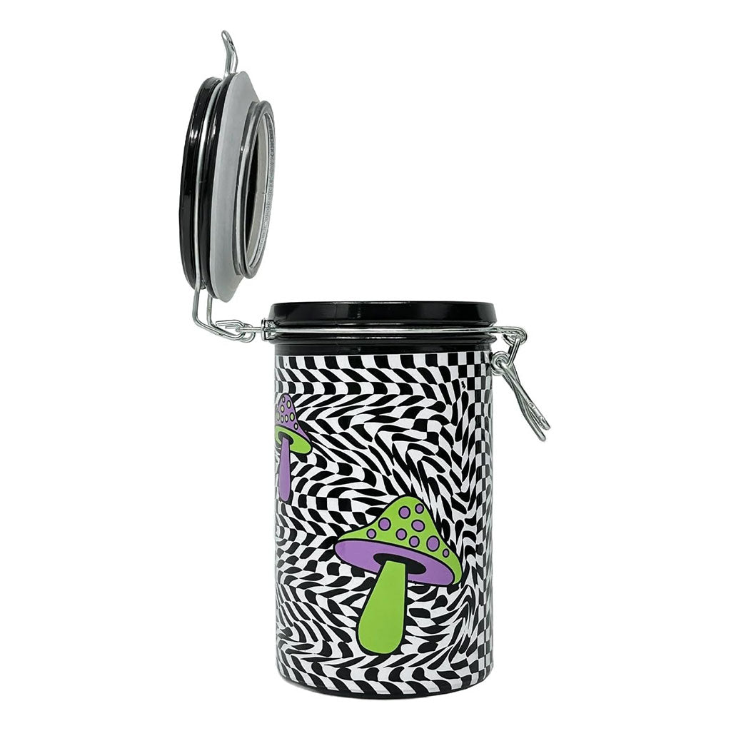Front Angle Of 6-Inch Ted Miller Innovations Trippy Mushroom Checkboard Jar With Purple-Green Mushrooms, And Airtight Seal