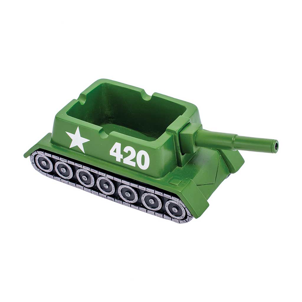 Three-quarter view of the green 420 tank ashtray with star and 420 graphic on the hull